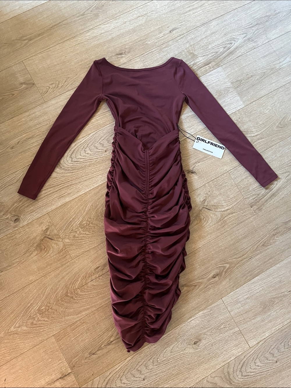 XXS girlfriend collective Burgundy Long-Sleeve Ruched Midi Dress